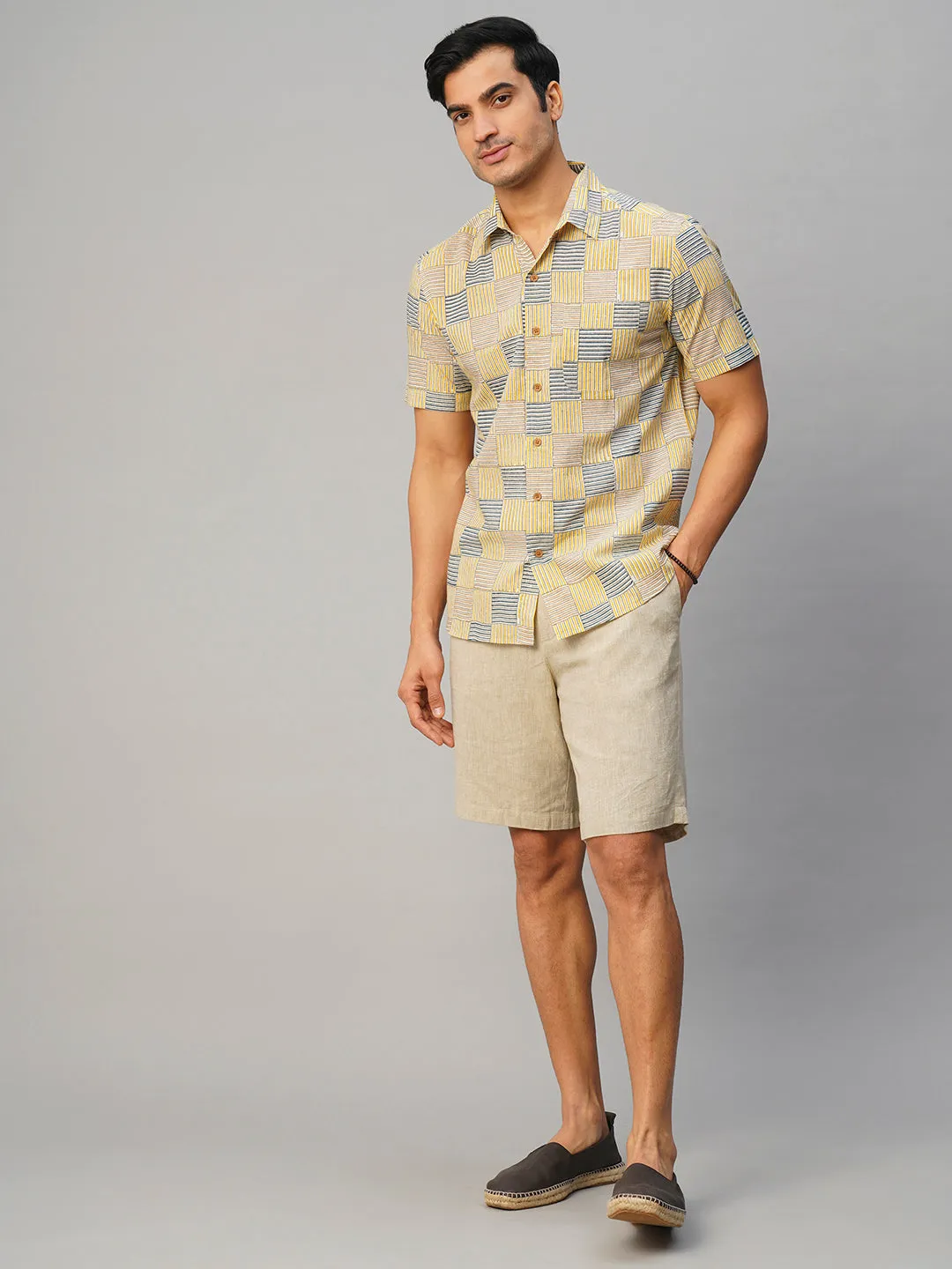 Men's Cotton Hand Block Printed Regular Fit Yellow Shirt