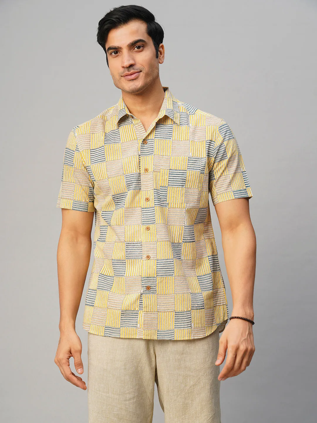 Men's Cotton Hand Block Printed Regular Fit Yellow Shirt