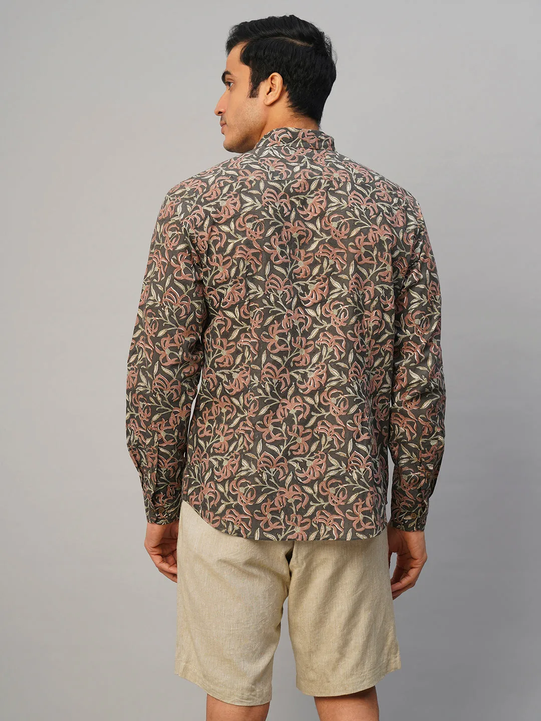 Men's Cotton Hand Block Printed Slim Fit Grey Shirt