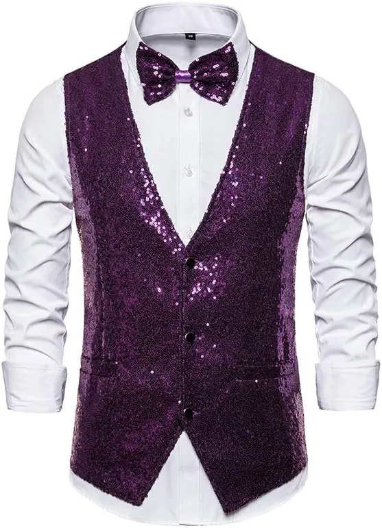 Men's Shiny Sequin Vest V-Neck Regular-Fit Party Dress Suit Waistcoat Bowtie 2 Pieces