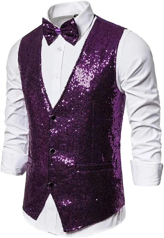 Men's Shiny Sequin Vest V-Neck Regular-Fit Party Dress Suit Waistcoat Bowtie 2 Pieces