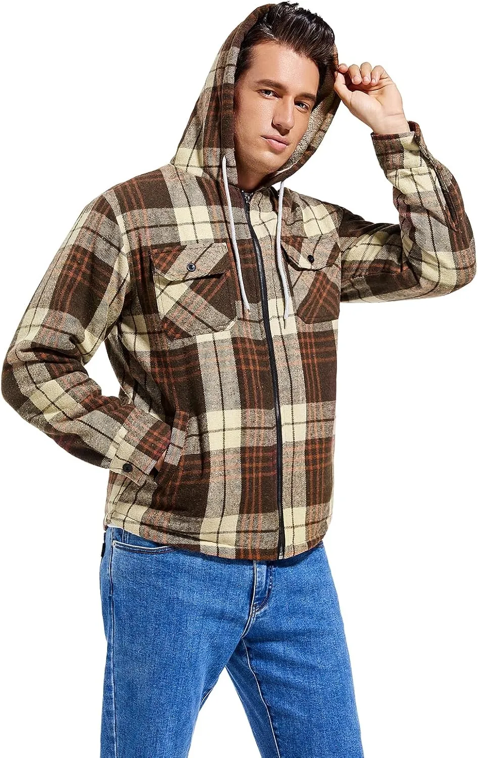 Men's Zip Up Flannel Shirt Jacket Fleece Lined Long Sleeve Plaid Coat Heavyweight Hoodie with Hood