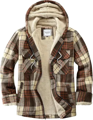 Men's Zip Up Flannel Shirt Jacket Fleece Lined Long Sleeve Plaid Coat Heavyweight Hoodie with Hood