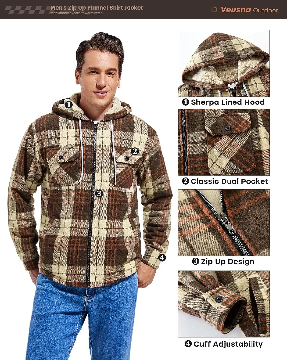 Men's Zip Up Flannel Shirt Jacket Fleece Lined Long Sleeve Plaid Coat Heavyweight Hoodie with Hood