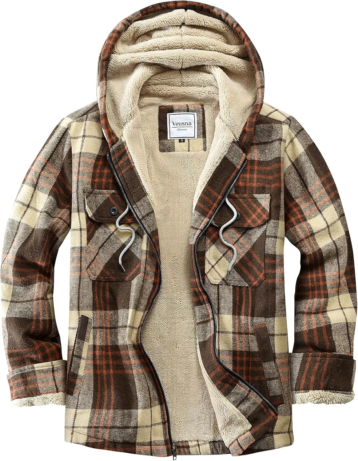 Men's Zip Up Flannel Shirt Jacket Fleece Lined Long Sleeve Plaid Coat Heavyweight Hoodie with Hood