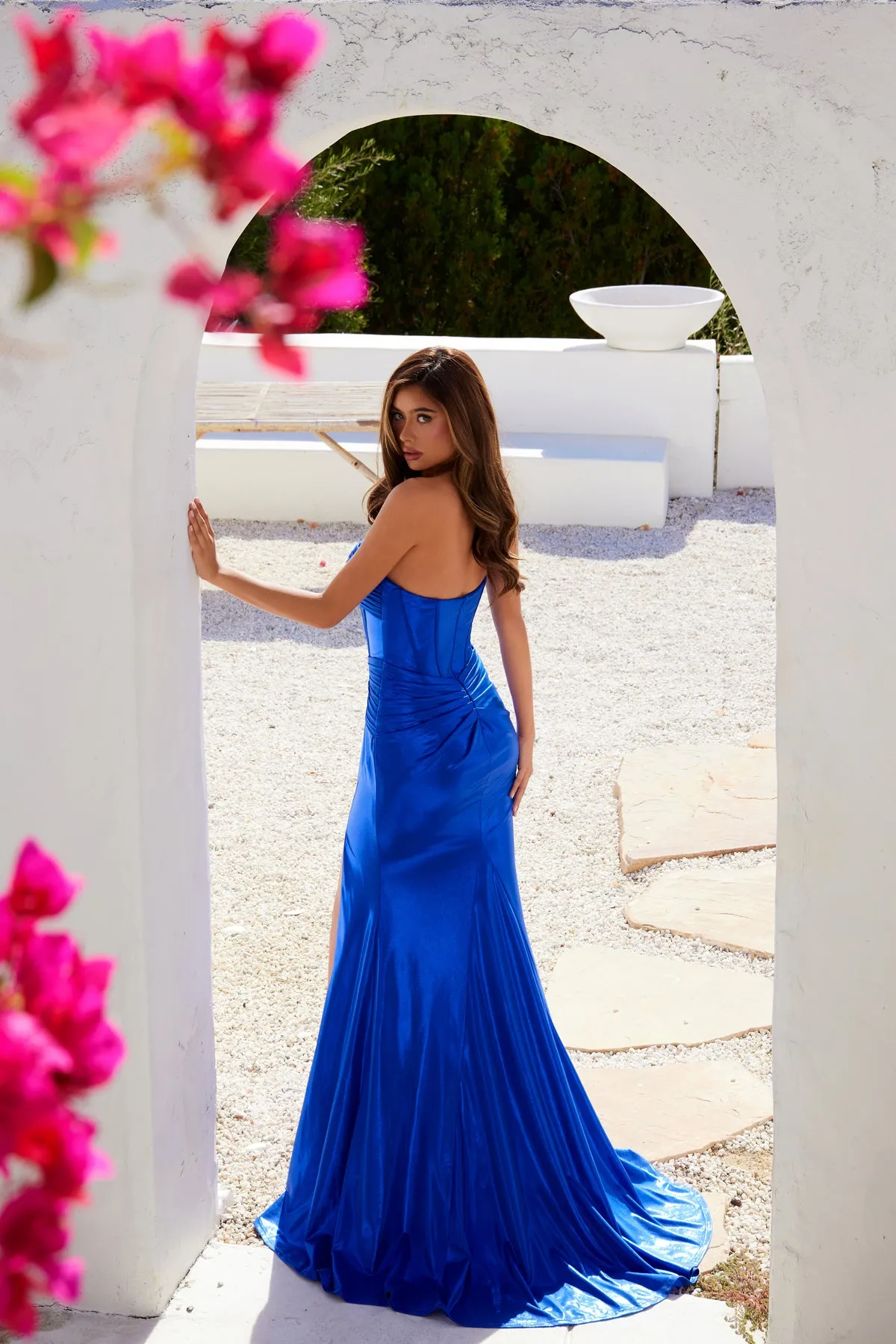 Metallic Strapless Slit Gown by Juliet JT2578H