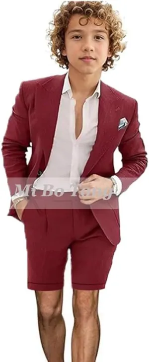 Mi Bo Tong Boys Linen Summer Suit 2 PC Blazer and Shorts Set Beach Wedding Tuxedos for Kids Boys Ring Bearer Outfit
