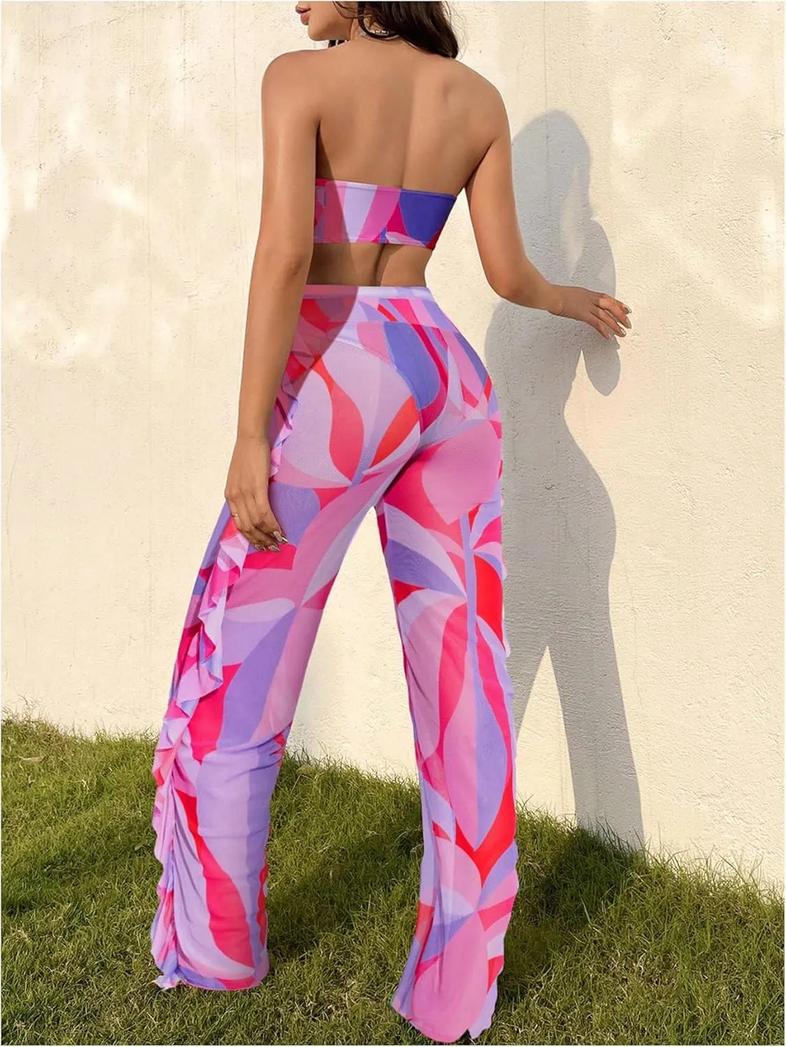 Milumia Women's 3 Piece Swimsuit Boho Geo Print Bandeau Bikini Set with Ruffle Trim Long Pants