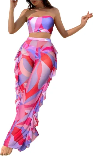 Milumia Women's 3 Piece Swimsuit Boho Geo Print Bandeau Bikini Set with Ruffle Trim Long Pants