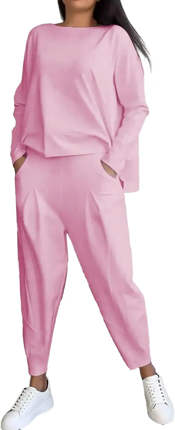 Molilove Women's Casual Two Piece Tracksuits Solid Color Long Sleeve Loose T-Shirt and Long Pants Set with Pockets Loungewear