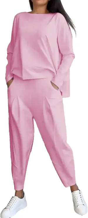 Molilove Women's Casual Two Piece Tracksuits Solid Color Long Sleeve Loose T-Shirt and Long Pants Set with Pockets Loungewear