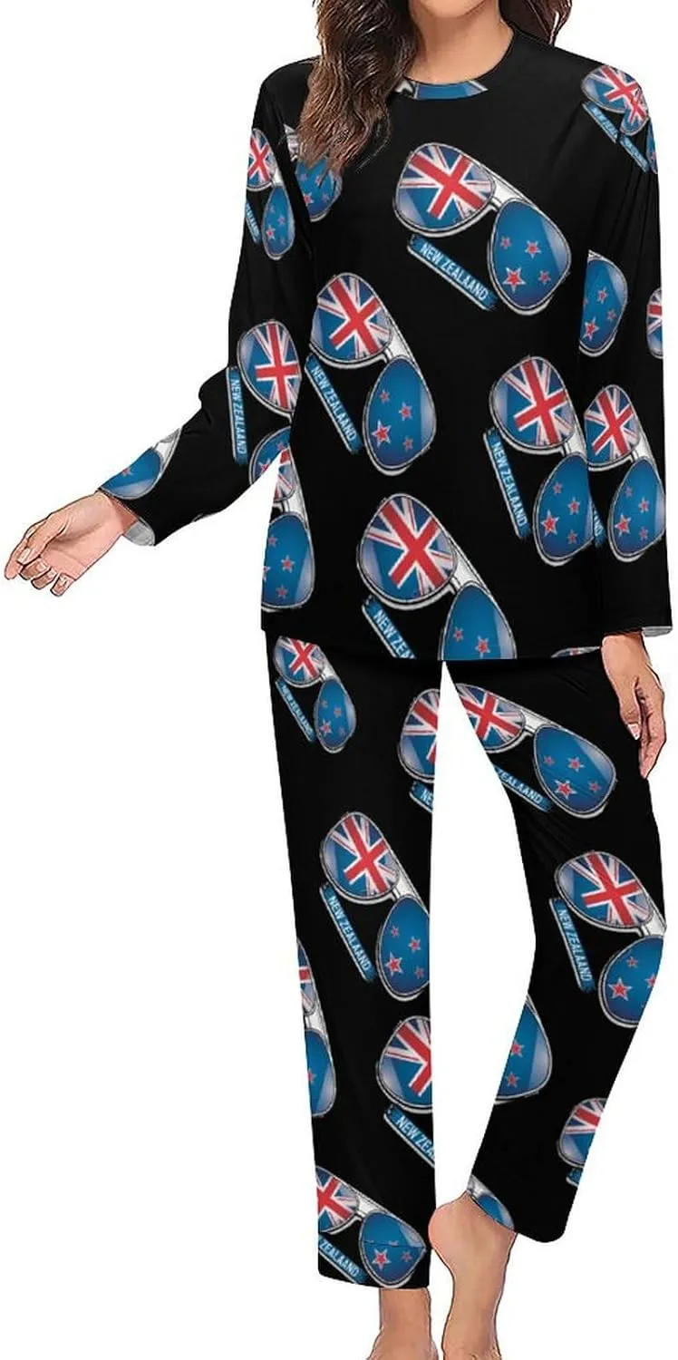 New Zealand Flag Glasses Womens 2 Pieces Pajama Sets Long Sleeve Sleepwear Loungewear PJs Sets with Pockets