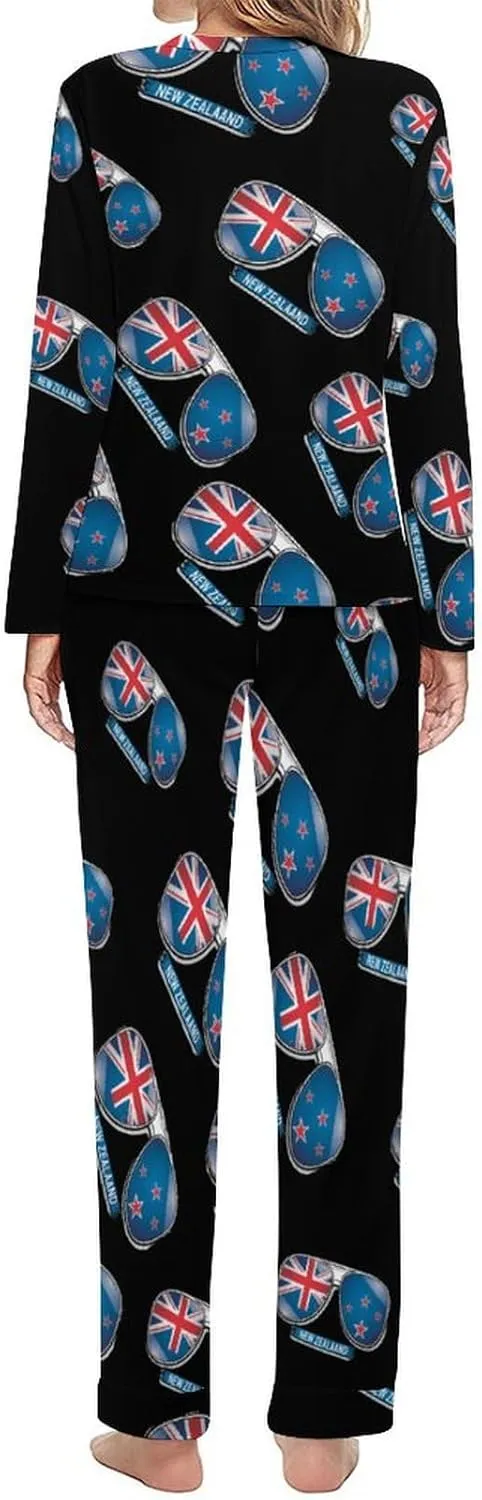New Zealand Flag Glasses Womens 2 Pieces Pajama Sets Long Sleeve Sleepwear Loungewear PJs Sets with Pockets