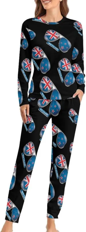 New Zealand Flag Glasses Womens 2 Pieces Pajama Sets Long Sleeve Sleepwear Loungewear PJs Sets with Pockets