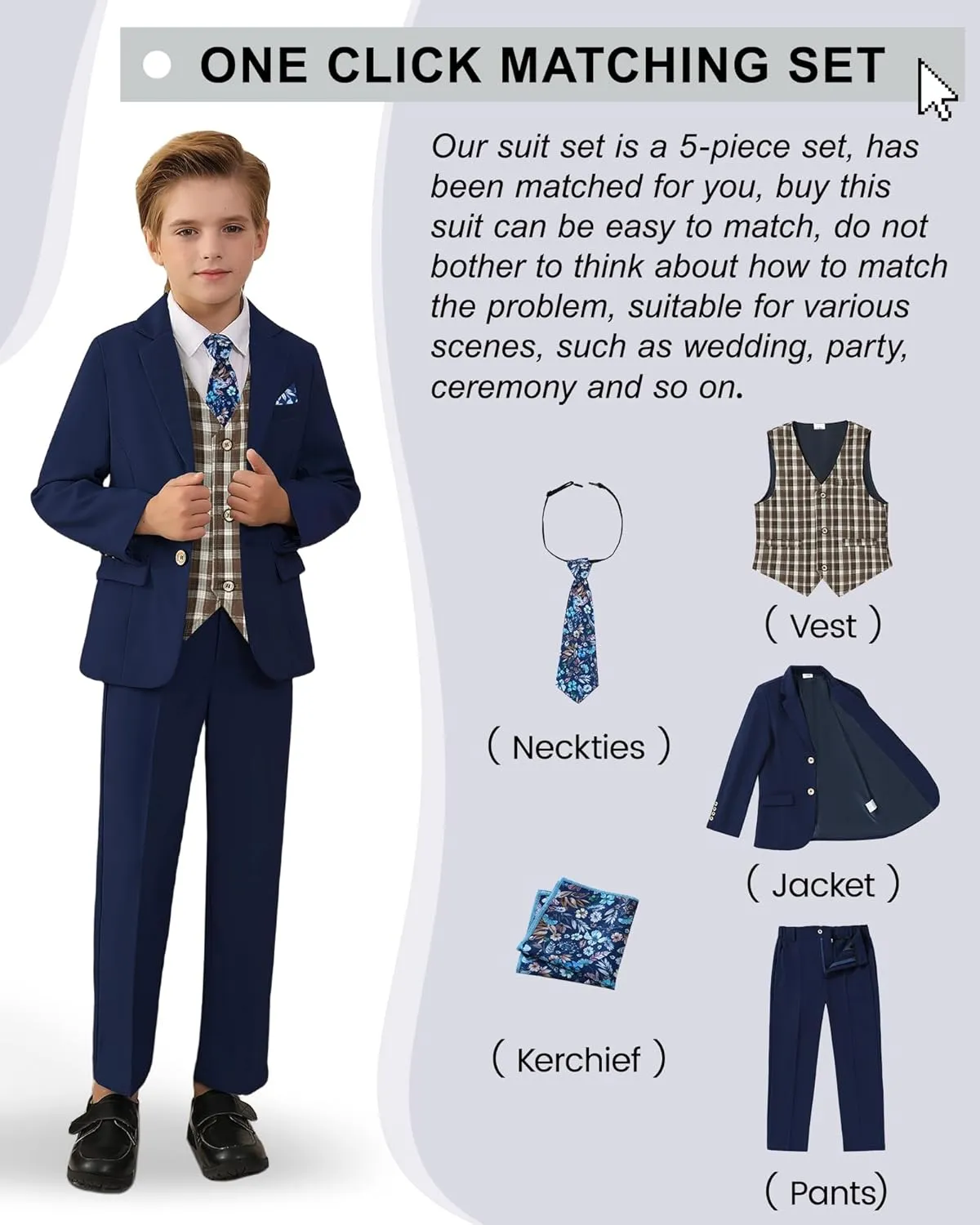 nilikastta Boys Suit Slim Fit 5 Piece Kids Suit for Wedding 6-10 Years