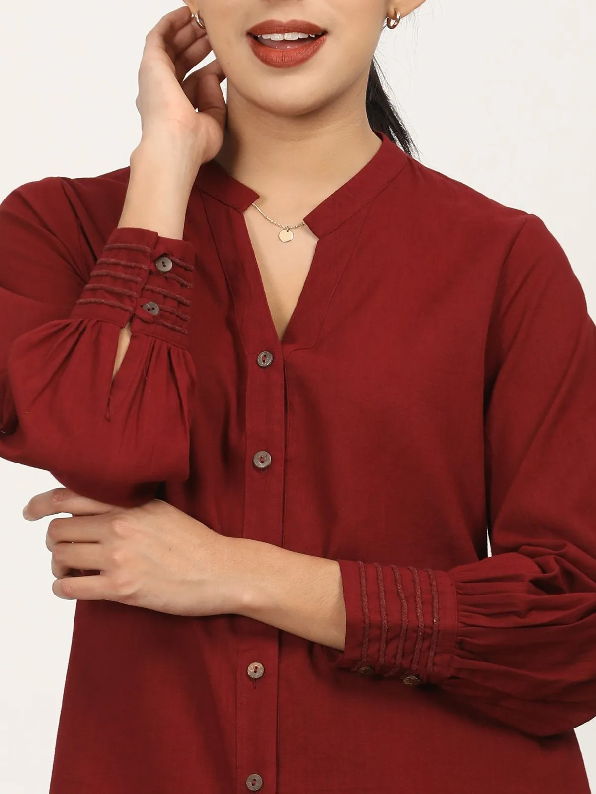 Organic Cotton Split V-Neck Maroon Shirt