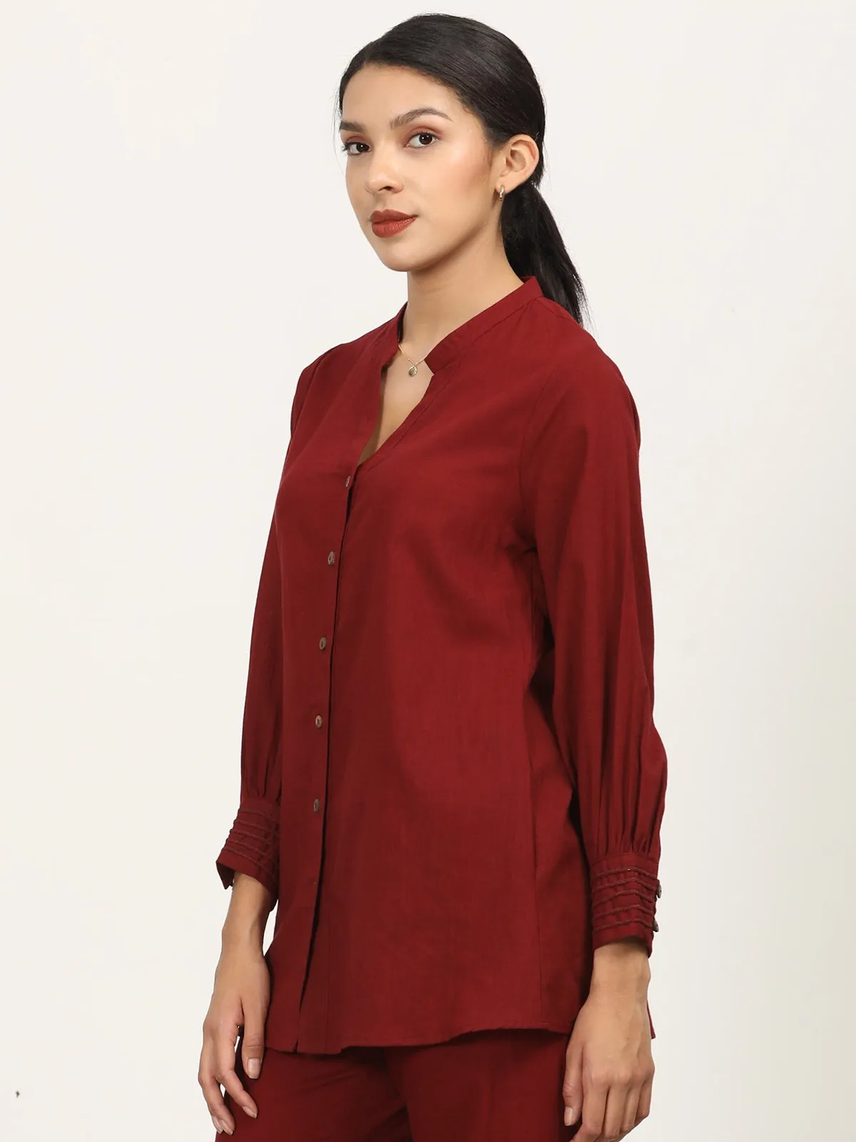 Organic Cotton Split V-Neck Maroon Shirt