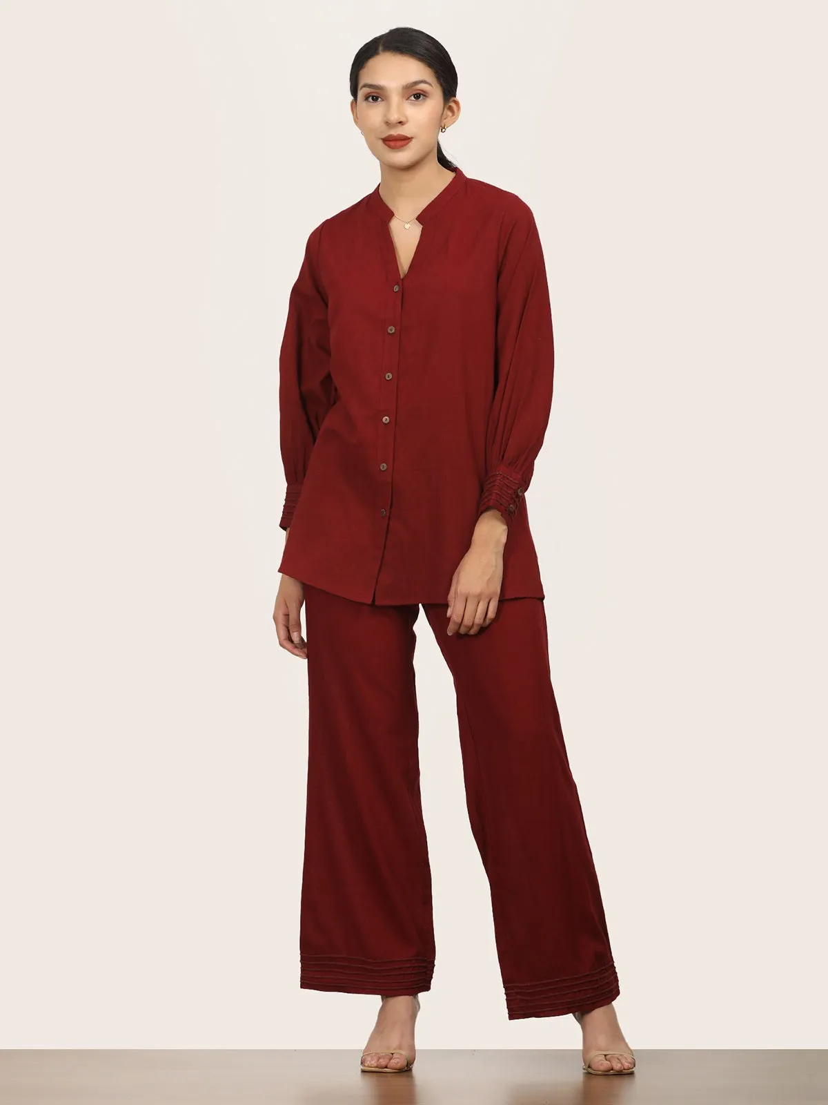 Organic Cotton Split V-Neck Maroon Shirt