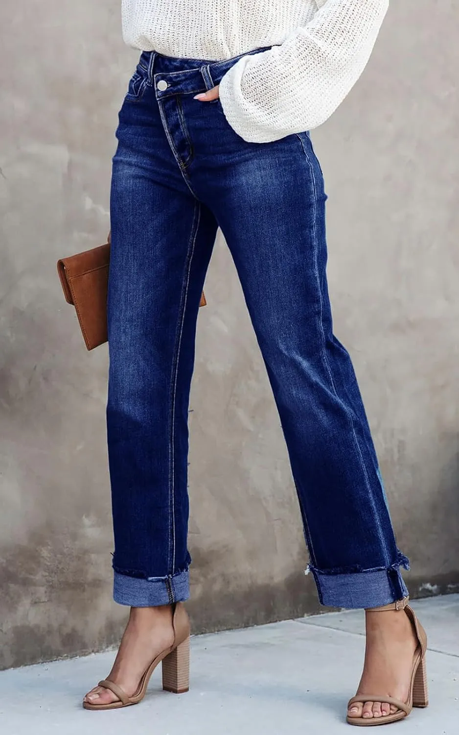 PLNOTME Women's High Waisted Straight Leg Jeans Crossover Stretch Casual Cuffed Denim Pants