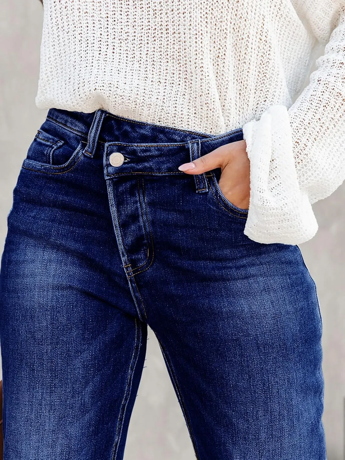 PLNOTME Women's High Waisted Straight Leg Jeans Crossover Stretch Casual Cuffed Denim Pants