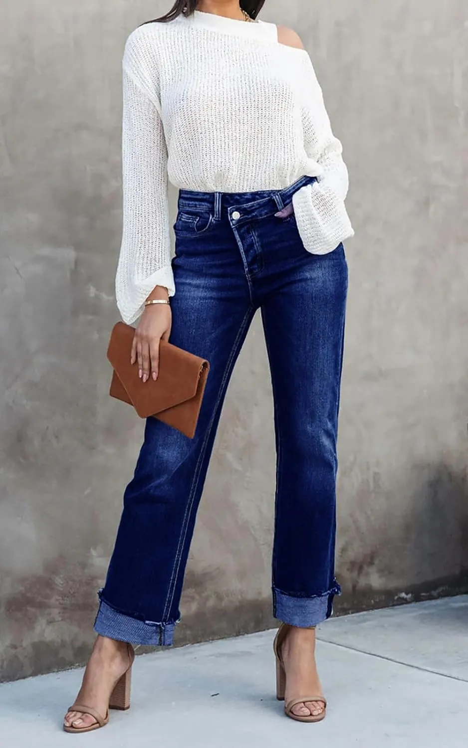 PLNOTME Women's High Waisted Straight Leg Jeans Crossover Stretch Casual Cuffed Denim Pants