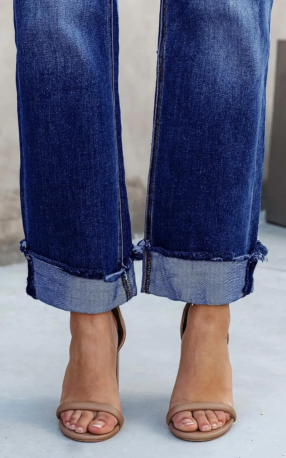 PLNOTME Women's High Waisted Straight Leg Jeans Crossover Stretch Casual Cuffed Denim Pants