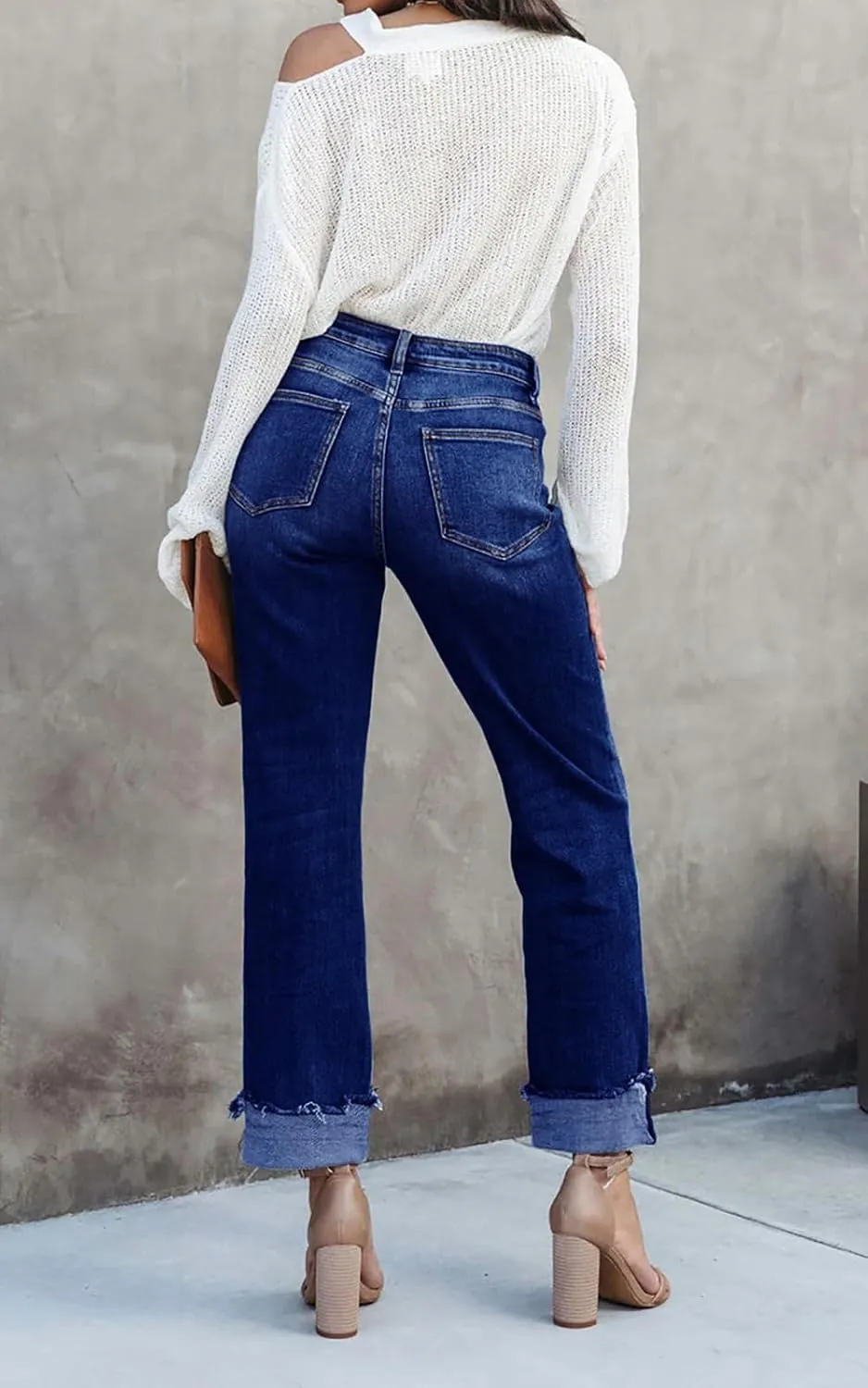 PLNOTME Women's High Waisted Straight Leg Jeans Crossover Stretch Casual Cuffed Denim Pants