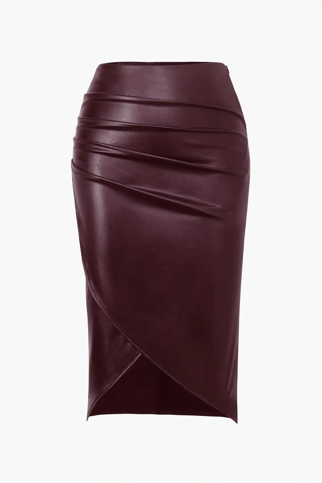 Plus Size Faux Leather Ruched Zipper Skirt – Black and Burgundy