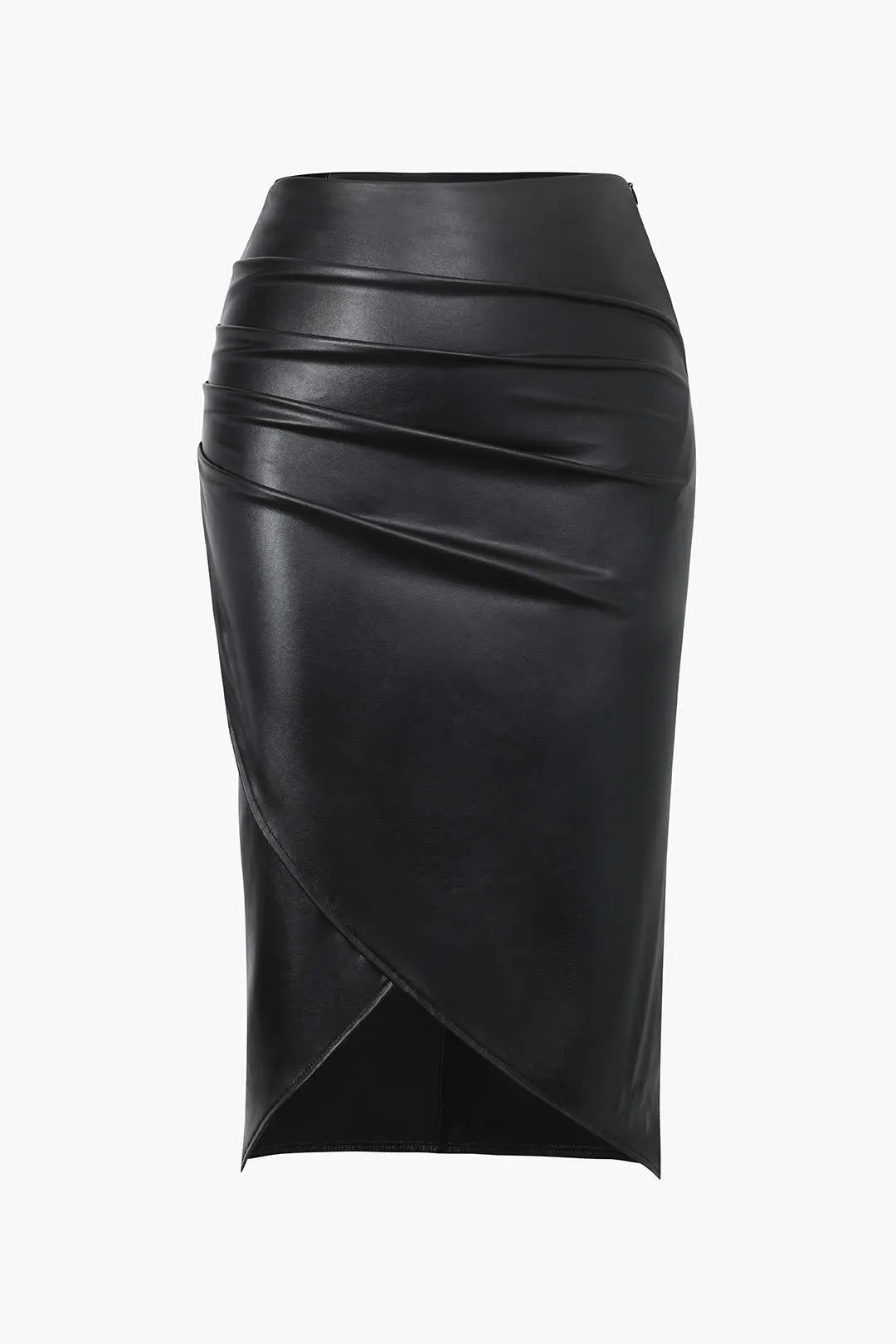 Plus Size Faux Leather Ruched Zipper Skirt – Black and Burgundy