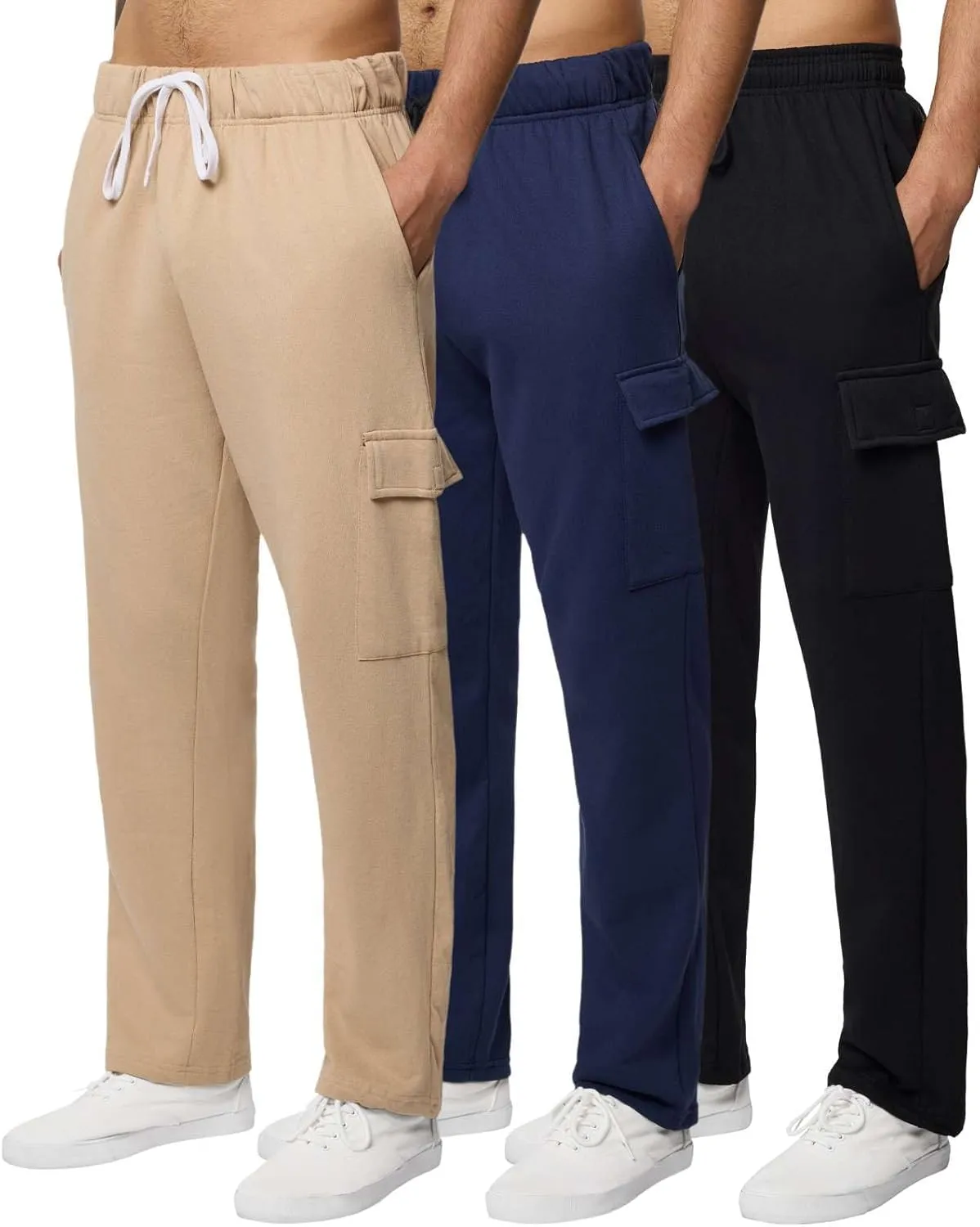 Real Essentials 3 Pack: Men's Tech Fleece Open Bottom Cargo Sweatpants with Pockets (Available in Big & Tall)