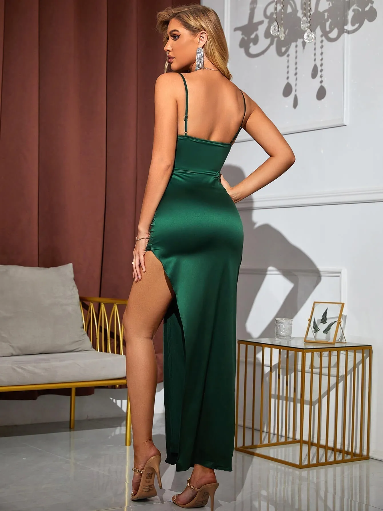 Ruched V Neck Backless Modern Split Thigh Satin Dress