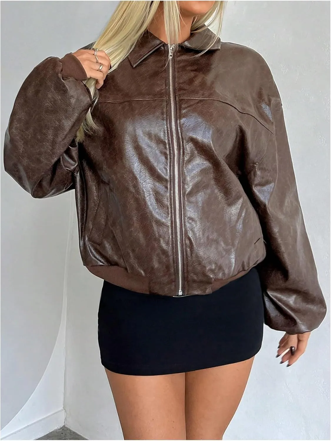 SOLY HUX Women's Zip Up PU Leather Jacket Drop Shoulder Long Sleeve Vintage Motorcycle Coat Fall Clothes