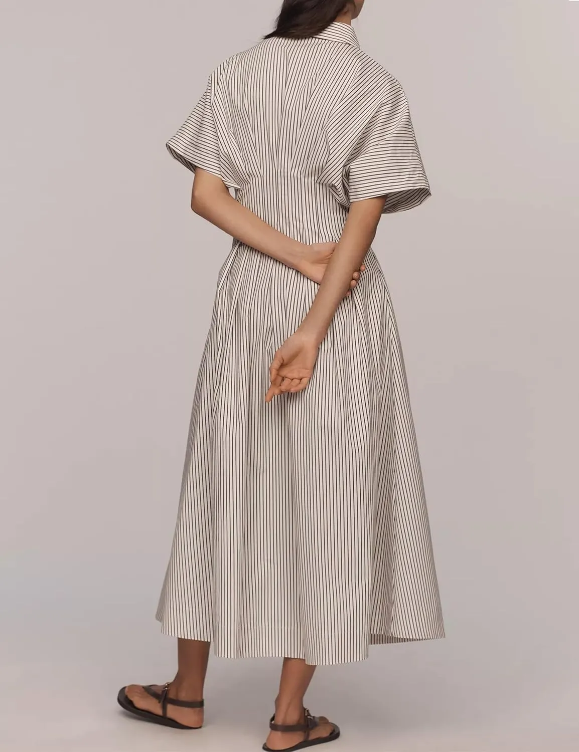 Striped Button Pleated Shirt Maxi Dress for Women Summer Short Sleeve Collar V Neck Corset Long Dress