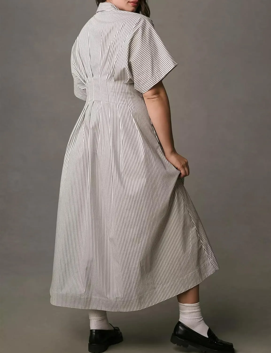 Striped Button Pleated Shirt Maxi Dress for Women Summer Short Sleeve Collar V Neck Corset Long Dress
