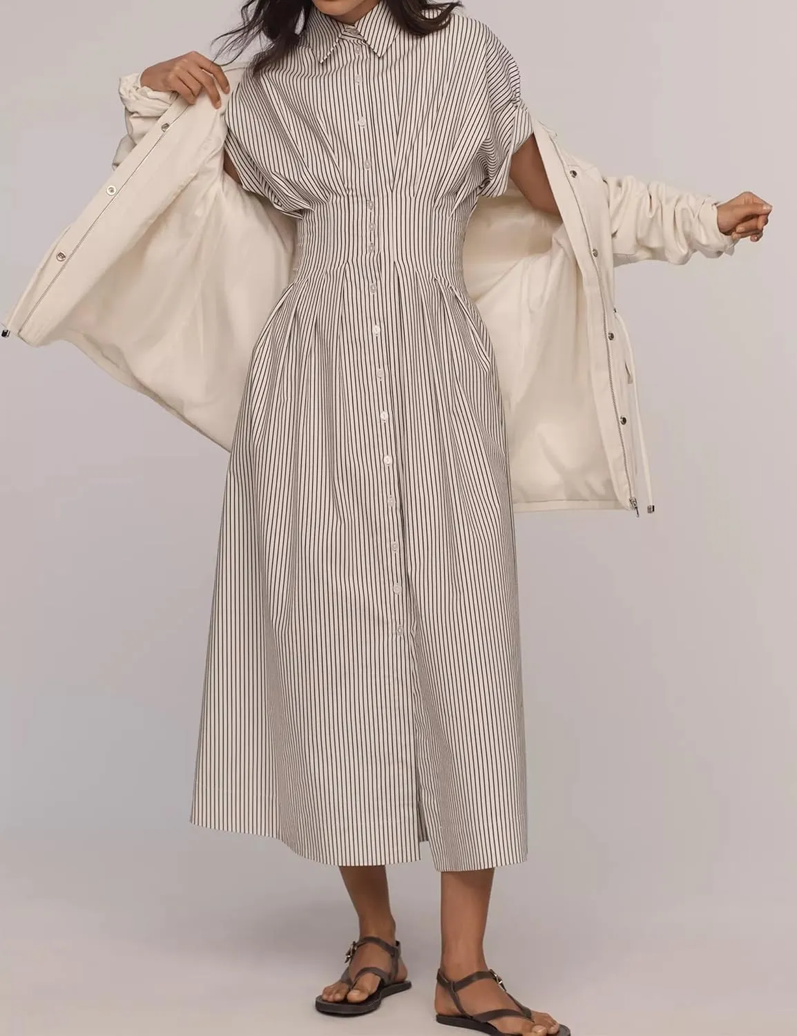 Striped Button Pleated Shirt Maxi Dress for Women Summer Short Sleeve Collar V Neck Corset Long Dress