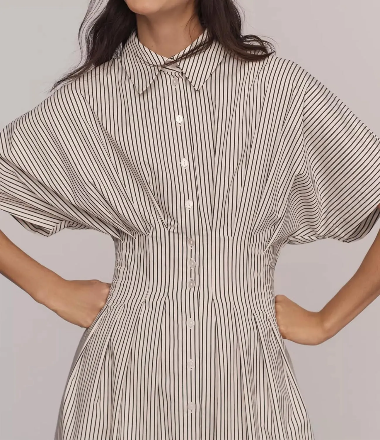 Striped Button Pleated Shirt Maxi Dress for Women Summer Short Sleeve Collar V Neck Corset Long Dress