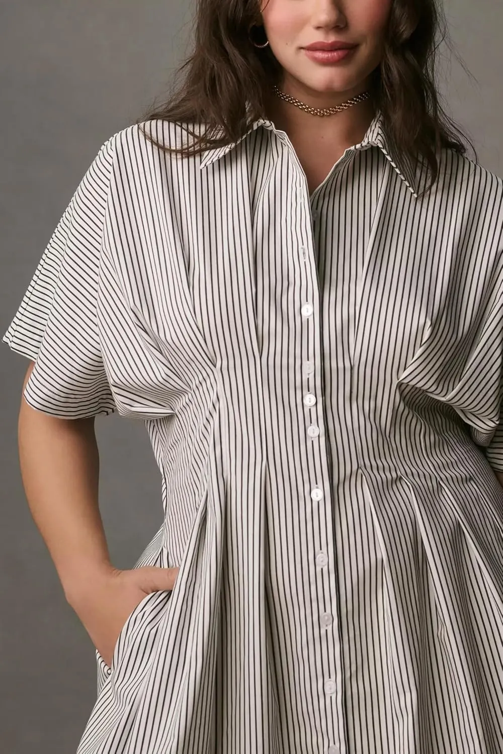 Striped Button Pleated Shirt Maxi Dress for Women Summer Short Sleeve Collar V Neck Corset Long Dress