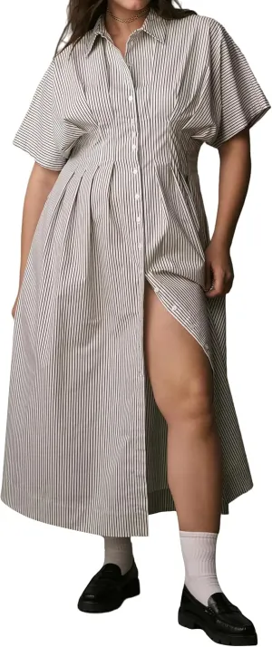 Striped Button Pleated Shirt Maxi Dress for Women Summer Short Sleeve Collar V Neck Corset Long Dress