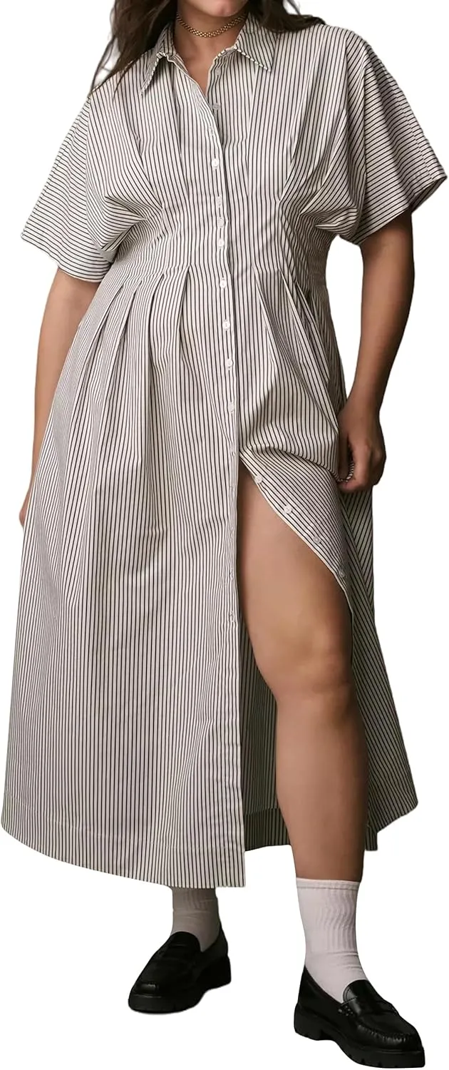 Striped Button Pleated Shirt Maxi Dress for Women Summer Short Sleeve Collar V Neck Corset Long Dress