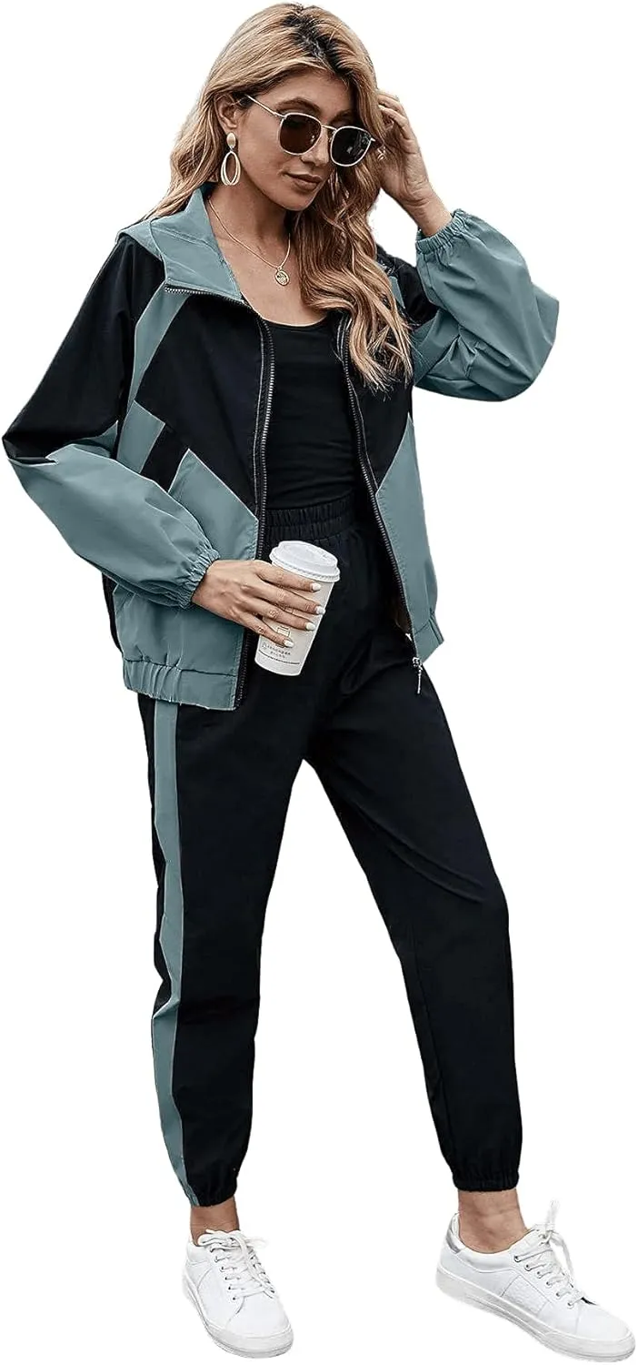 SweatyRocks Women's 2 Piece Outfits Long Sleeve Full Zip Jacket and Pants Tracksuit Set