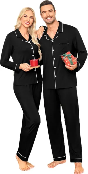 SWOMOG Matching Couple Christmas Pajamas Set Long Sleeve Festival Party Pj Set Button-Down Sleepwear Black