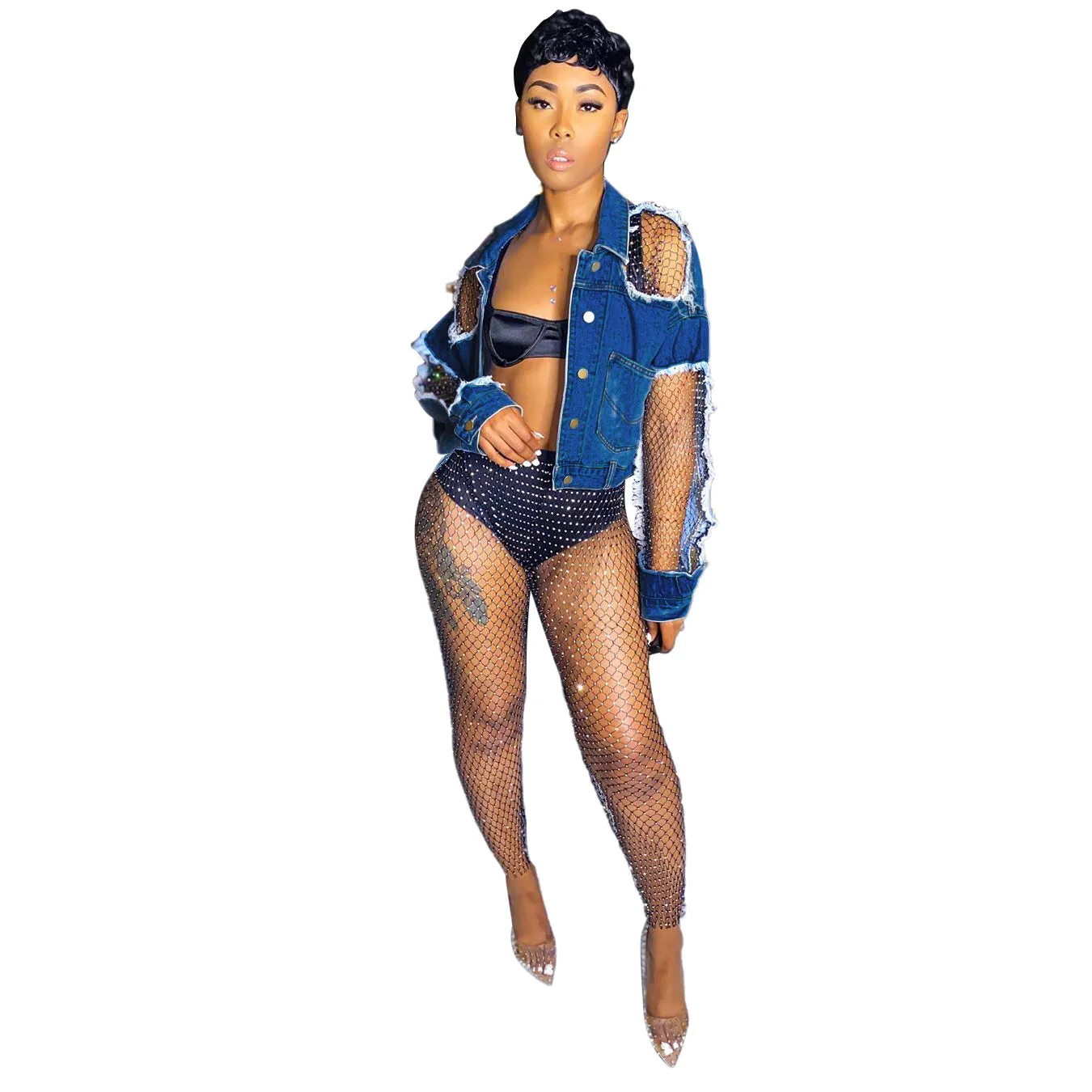 Torn strapless denim jacket wholesale women clothing