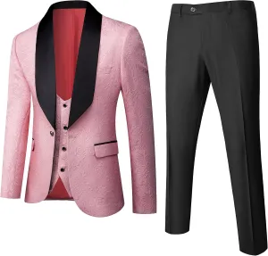 UNINUKOO Mens Floral Suits 3 Piece Tuxedo Suit Slim Fit Jacquard Tux Suit Set Shawl Lapel for Wedding Prom Suit