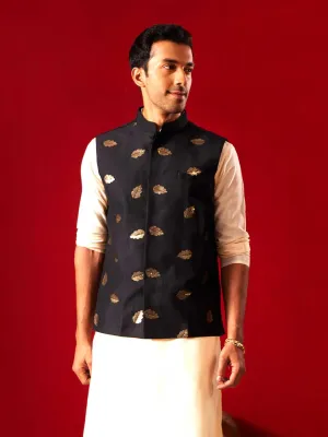 VASTRAMAY Men's Black Leaf Motif Embellished jacket