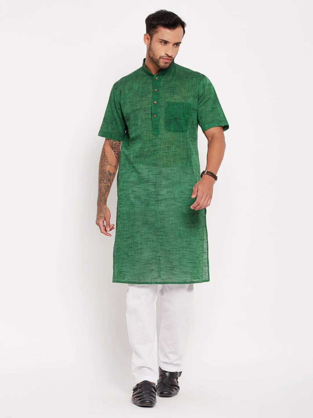 VASTRAMAY Men's Green Cotton Kurta Pyjama Set