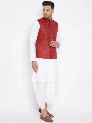 Vastramay Men's Maroon & White Jacket Set