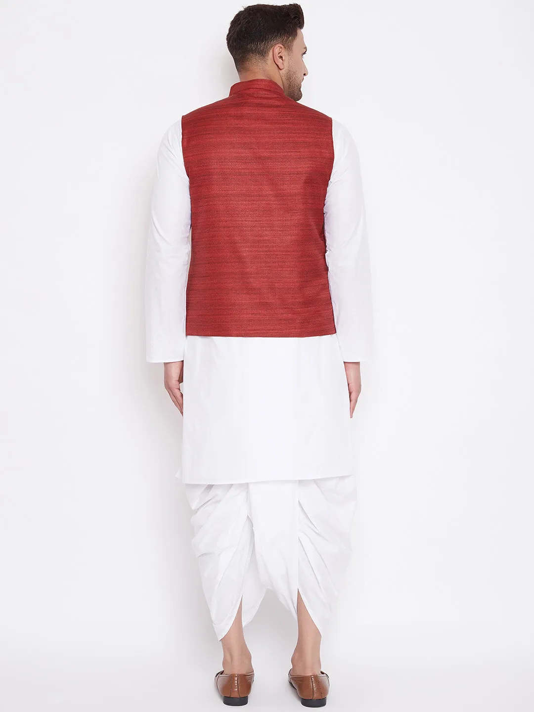 Vastramay Men's Maroon & White Jacket Set