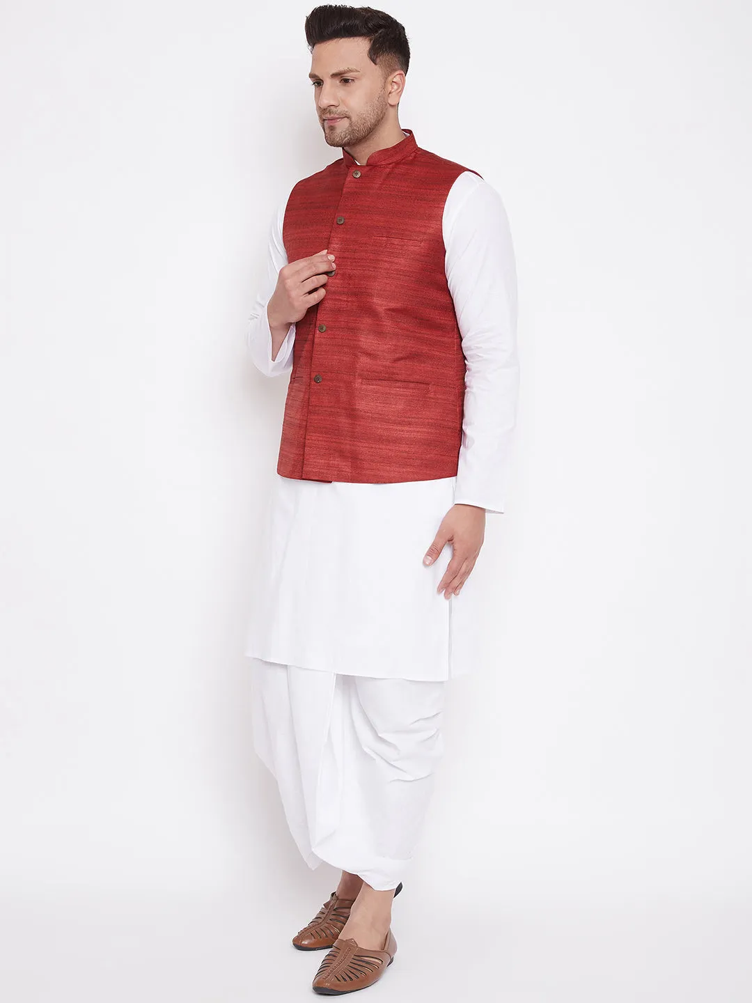 Vastramay Men's Maroon & White Jacket Set