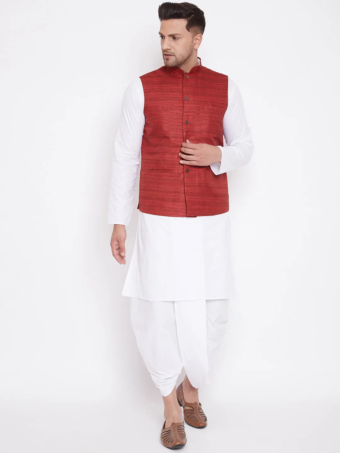 Vastramay Men's Maroon & White Jacket Set