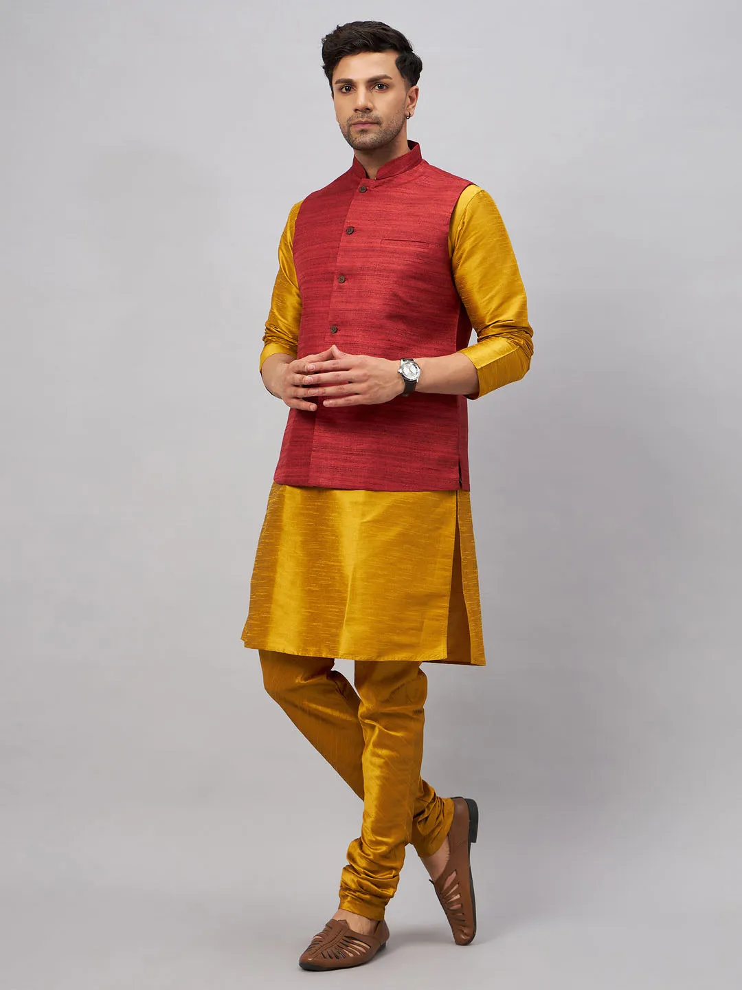 VASTRAMAY Men's Maroon Jacket & Mustard Kurta